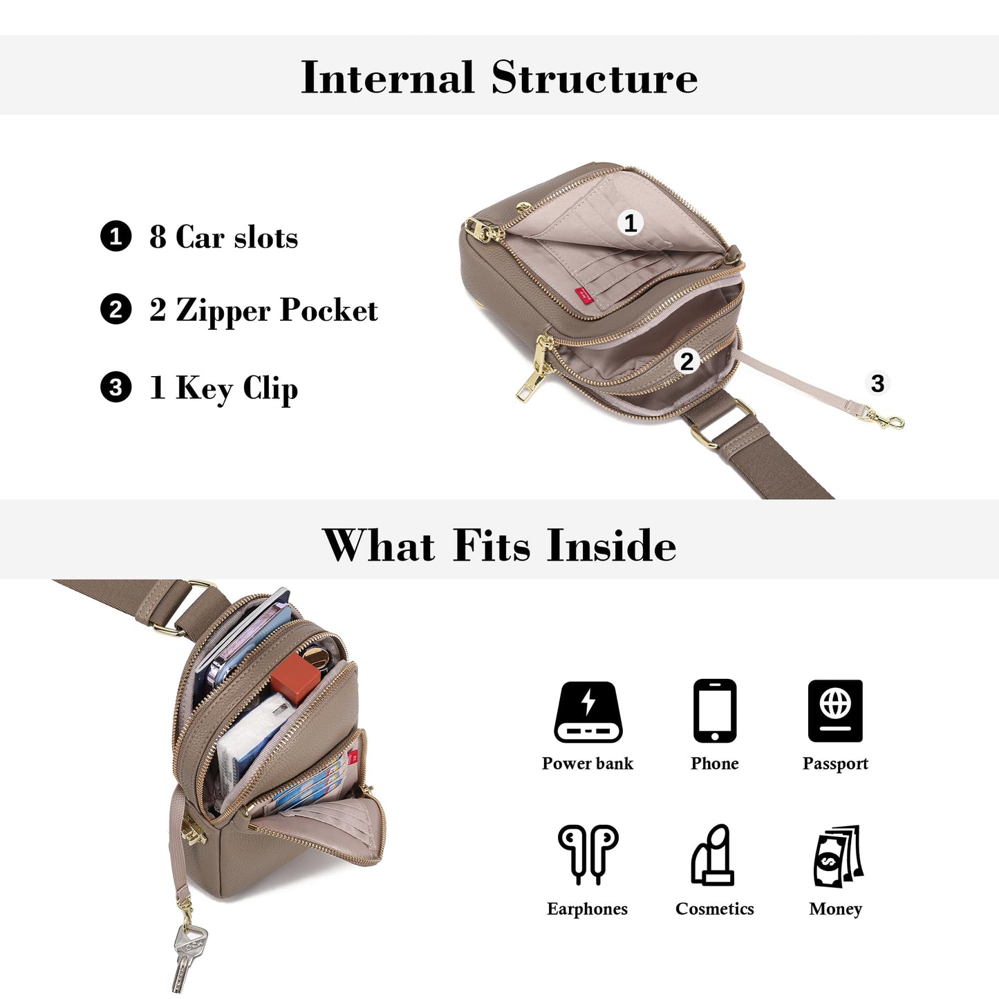 INICAT Travel Sling Bag, Anti Theft Crossbody Bag for Women | RFID Blocking, 8 Card Slots, Back Zippered Pocket, Metal Zippers,Switchable Strap
