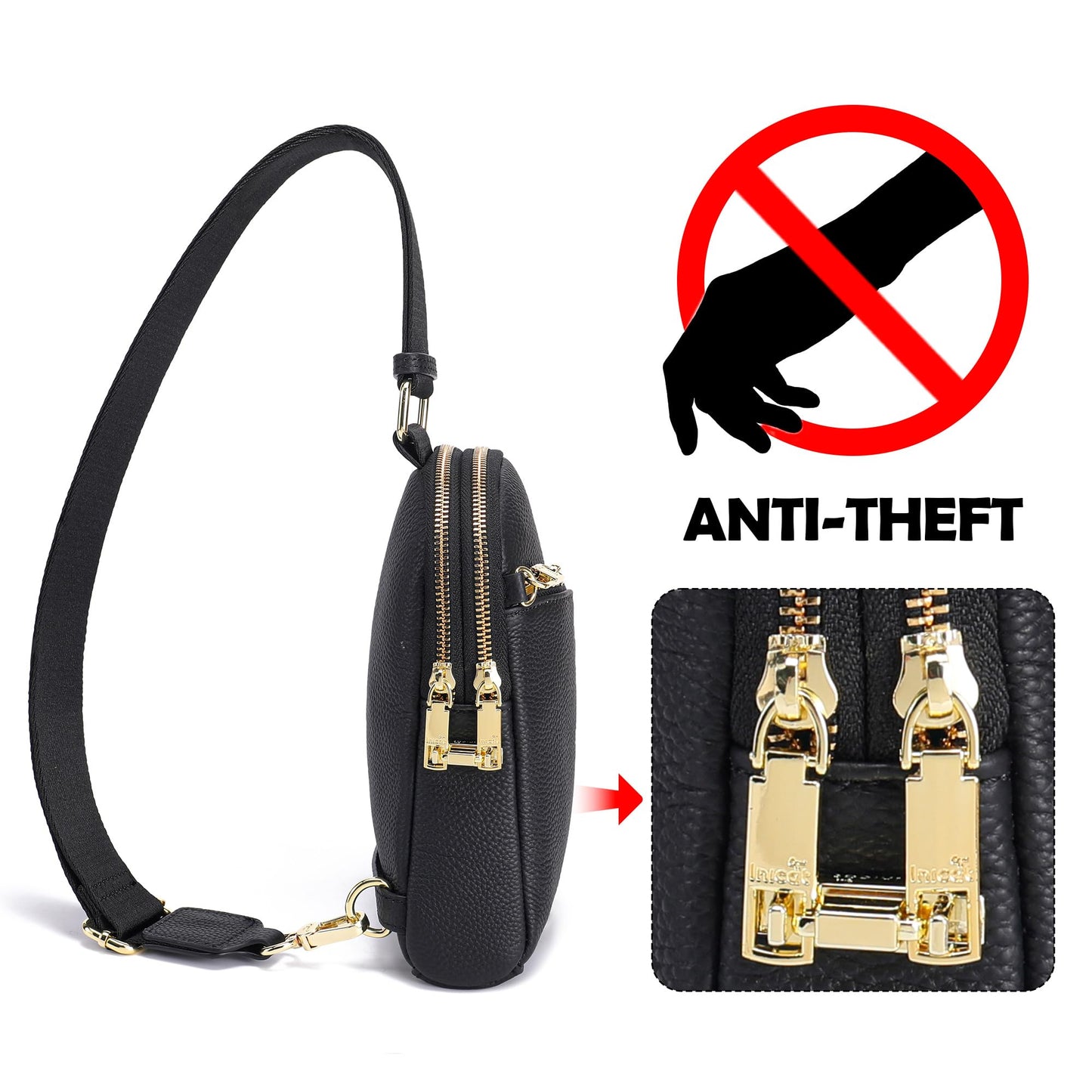 INICAT Travel Sling Bag, Anti Theft Crossbody Bag for Women | RFID Blocking, 8 Card Slots, Back Zippered Pocket, Metal Zippers,Switchable Strap