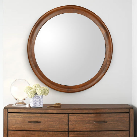 Round Wood Mirror for Wall,36 Inch Circle Decorative Mirror with Walnut Frame,Rustic Bathroom Hanging Vanity Mirror for Entryway,Bedroom or Living Room