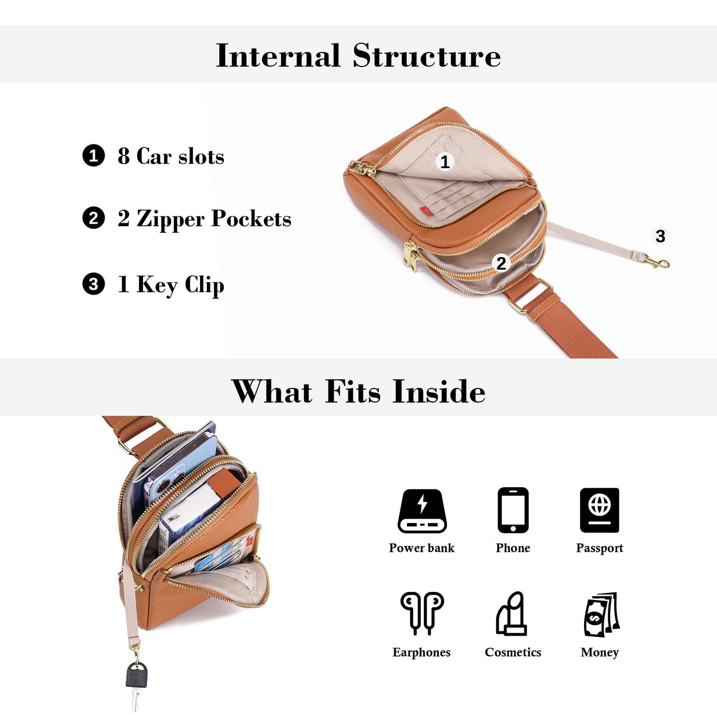 INICAT Travel Sling Bag, Anti Theft Crossbody Bag for Women | RFID Blocking, 8 Card Slots, Back Zippered Pocket, Metal Zippers,Switchable Strap