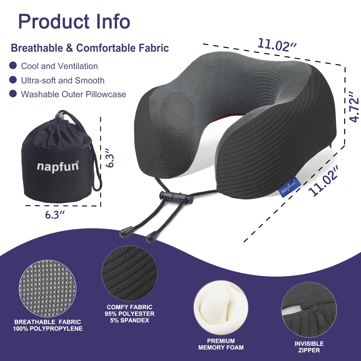 napfun Neck Pillow for Traveling, Upgraded Travel Neck Pillow for Airplane 100% Pure Memory Foam Travel Pillow for Flight Headrest Sleep, Portable Plane Accessories, Full Black