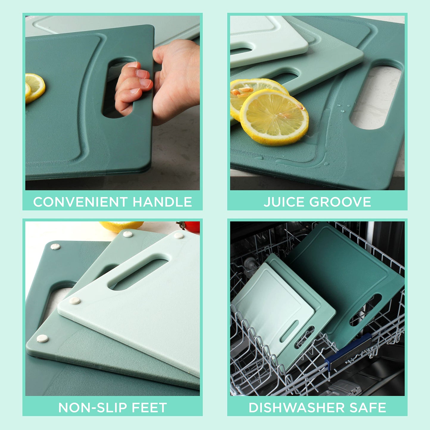 COOK WITH COLOR Non-Slip Cutting Board Set – Kitchen Essentials with Easy Grip Handle for Meat, Veggies, and Fruits, 3 Cutting Boards, Teal