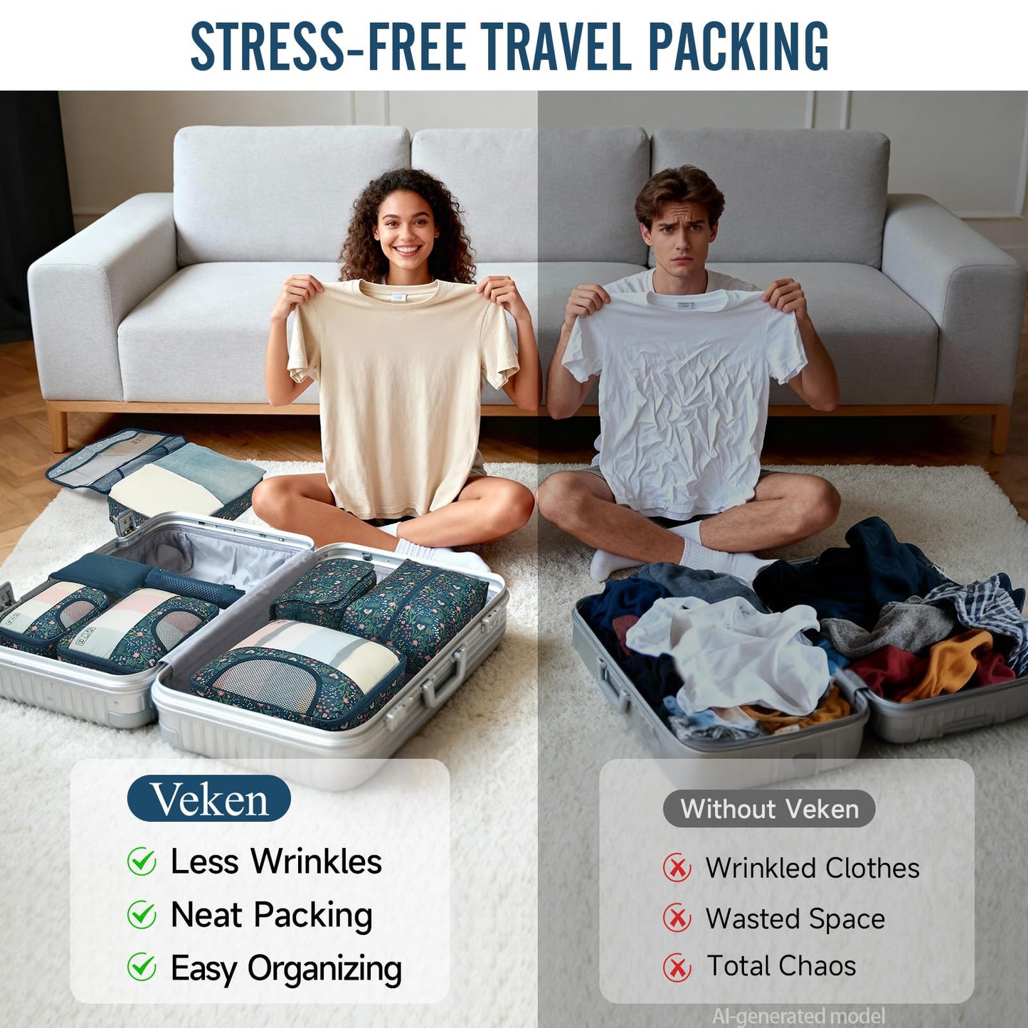 Veken 10 Set/8 Set Packing Cubes for Travel Essentials,Anti-Wrinkle Buckled Suitcase Organizer for Shoe & Toiletry Bag,Carry On Luggage Bag for Airplane & College Dorm Room Accessories,Women Men Gifts