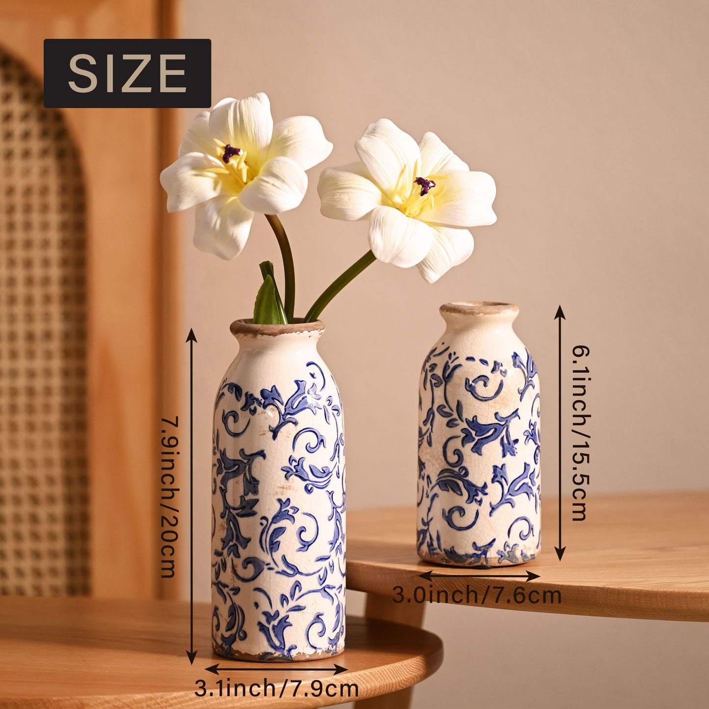 VICTOR & TERESA White Ceramic Vases Home Decor, Farmhouse Vase for Flowers, Flower Vase Set of 2, Rustic Decorative Vases for Pampas Grass, Table, Living Room, Shelf, Centerpieces, 8 inch