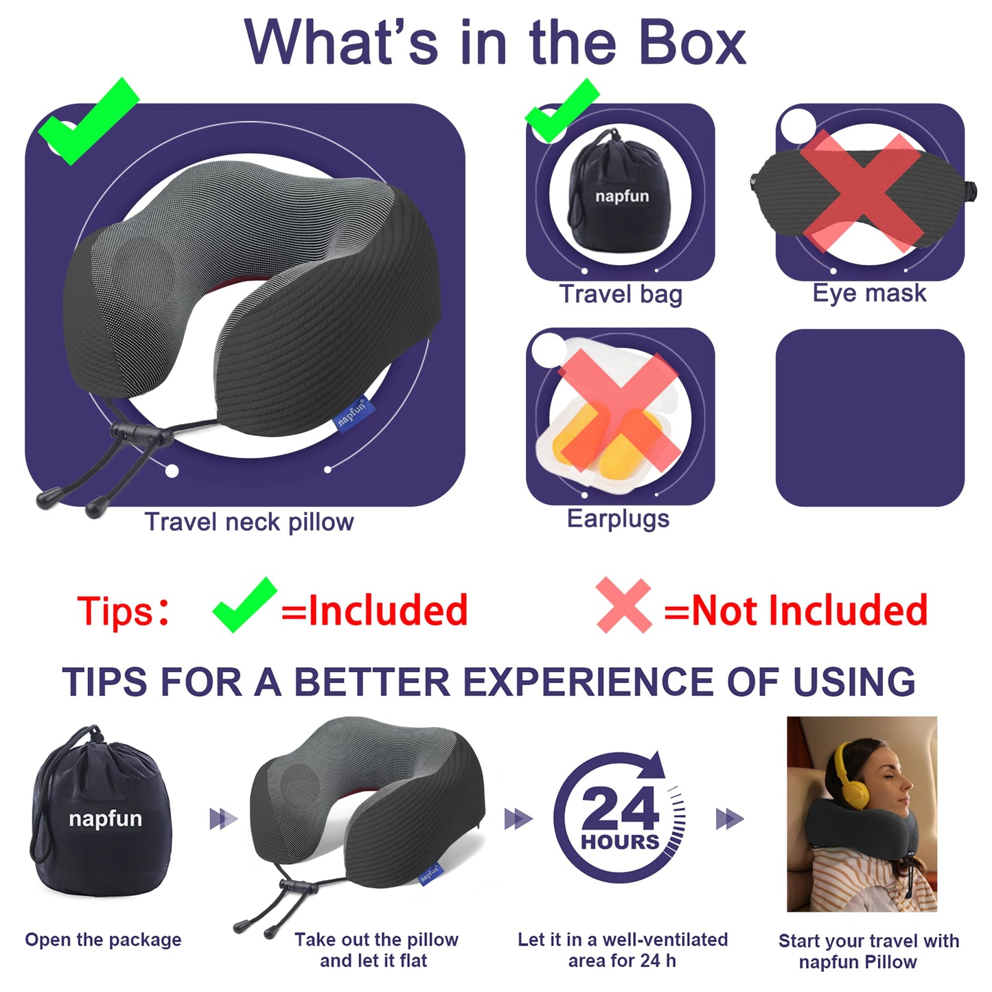 napfun Neck Pillow for Traveling, Upgraded Travel Neck Pillow for Airplane 100% Pure Memory Foam Travel Pillow for Flight Headrest Sleep, Portable Plane Accessories, Full Black