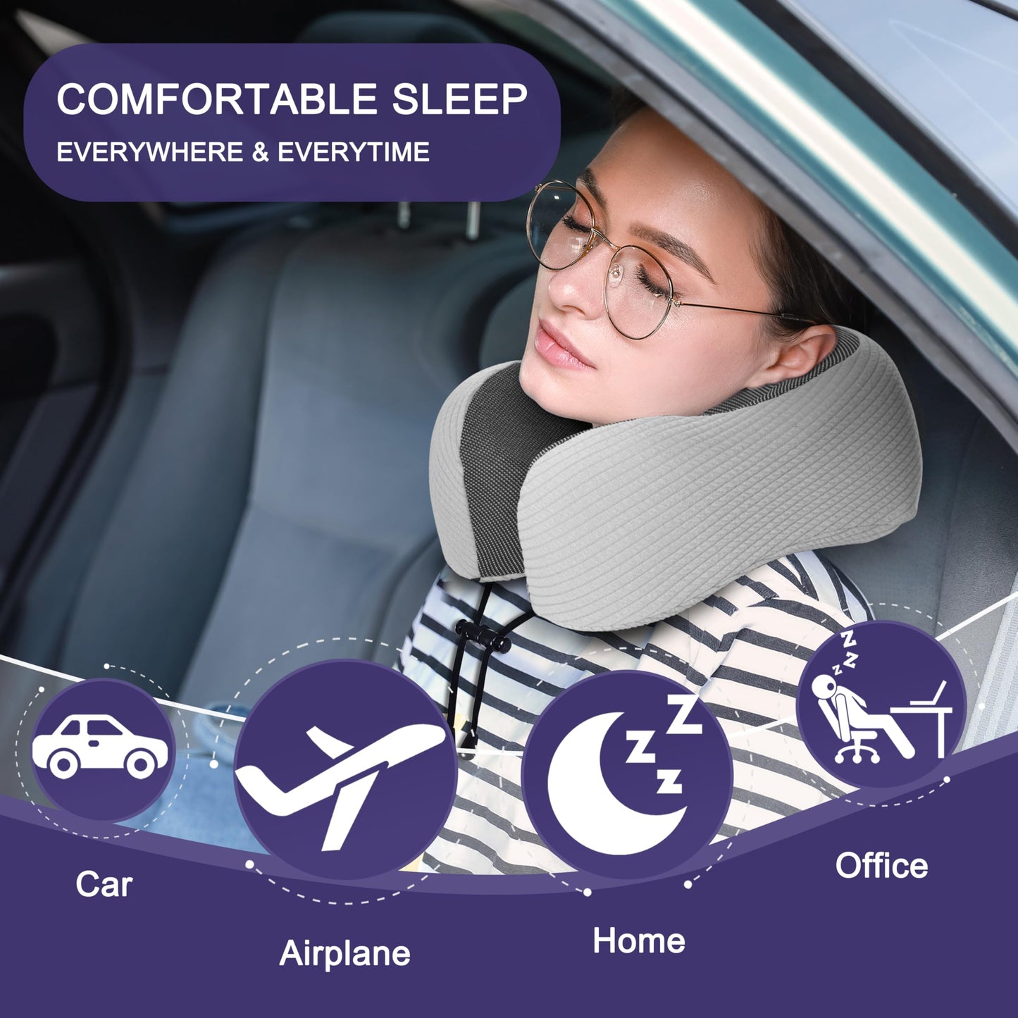 napfun Neck Pillow for Traveling, Upgraded Travel Neck Pillow for Airplane 100% Pure Memory Foam Travel Pillow for Flight Headrest Sleep, Portable Plane Accessories, Full Black