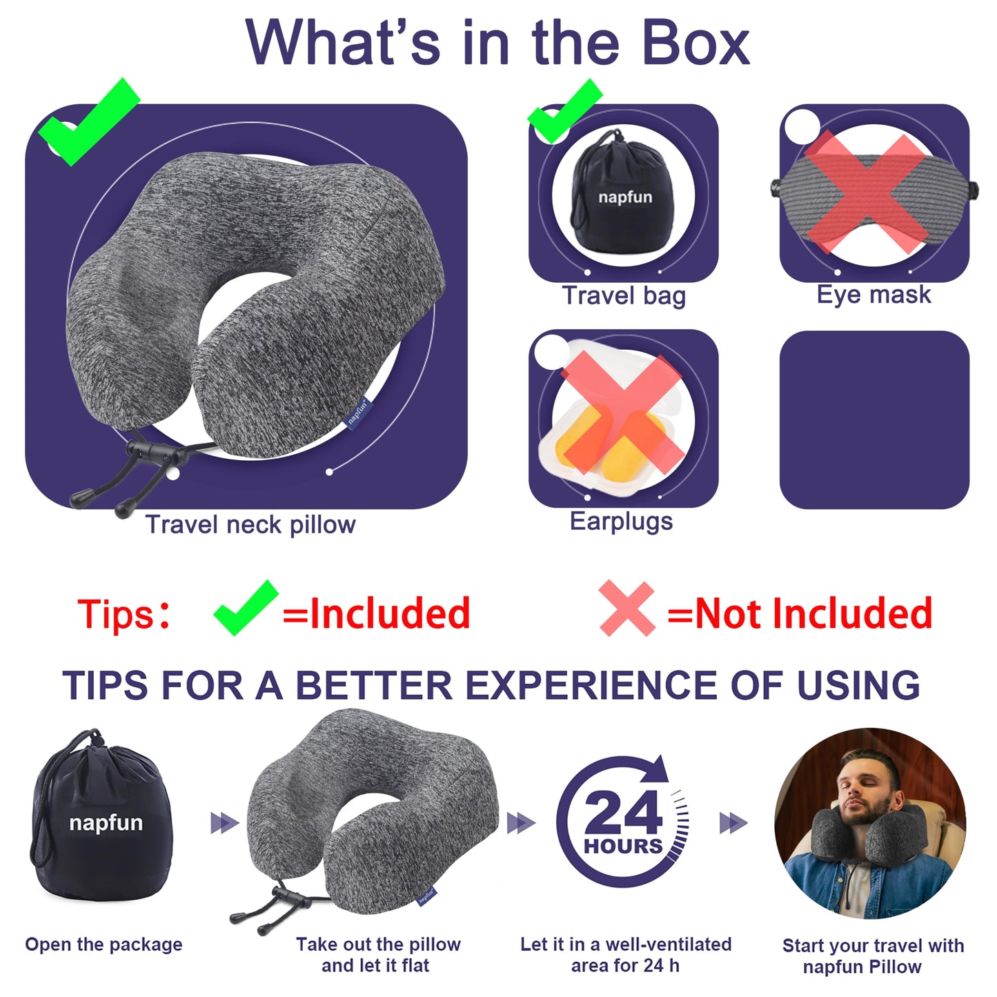napfun Neck Pillow for Traveling, Upgraded Travel Neck Pillow for Airplane 100% Pure Memory Foam Travel Pillow for Flight Headrest Sleep, Portable Plane Accessories, Full Black
