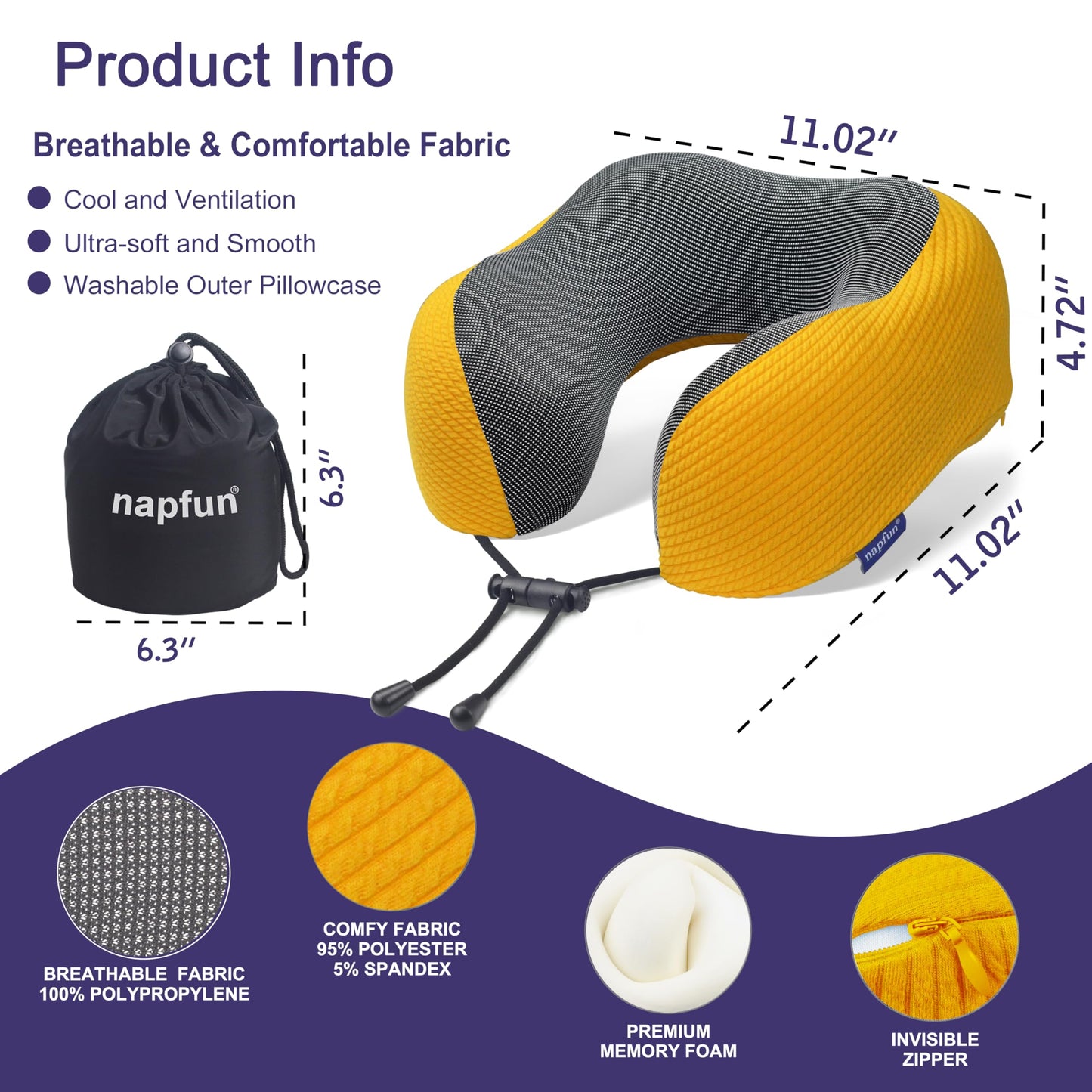 napfun Neck Pillow for Traveling, Upgraded Travel Neck Pillow for Airplane 100% Pure Memory Foam Travel Pillow for Flight Headrest Sleep, Portable Plane Accessories, Full Black