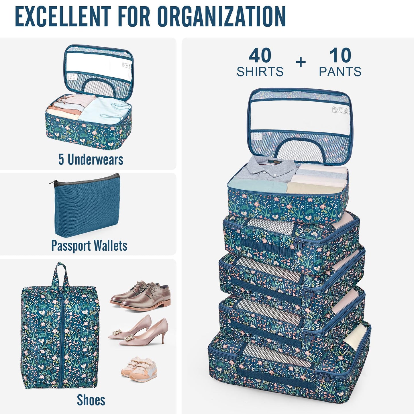 Veken 10 Set/8 Set Packing Cubes for Travel Essentials,Anti-Wrinkle Buckled Suitcase Organizer for Shoe & Toiletry Bag,Carry On Luggage Bag for Airplane & College Dorm Room Accessories,Women Men Gifts
