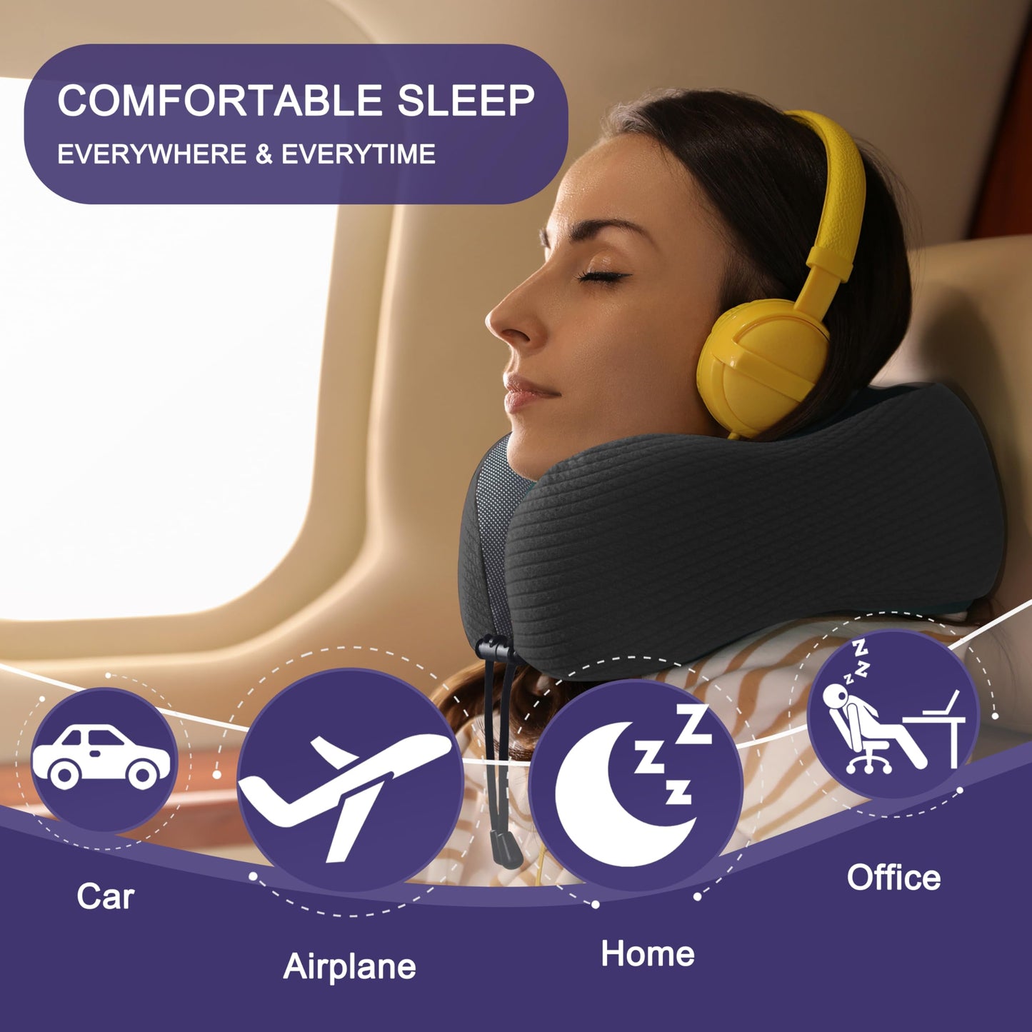 napfun Neck Pillow for Traveling, Upgraded Travel Neck Pillow for Airplane 100% Pure Memory Foam Travel Pillow for Flight Headrest Sleep, Portable Plane Accessories, Full Black