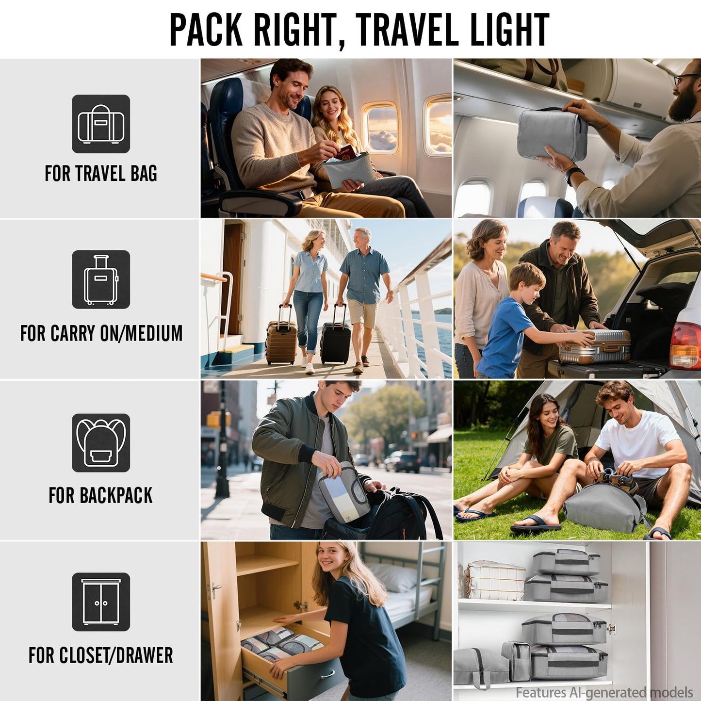 Veken 10 Set/8 Set Packing Cubes for Travel Essentials,Anti-Wrinkle Buckled Suitcase Organizer for Shoe & Toiletry Bag,Carry On Luggage Bag for Airplane & College Dorm Room Accessories,Women Men Gifts