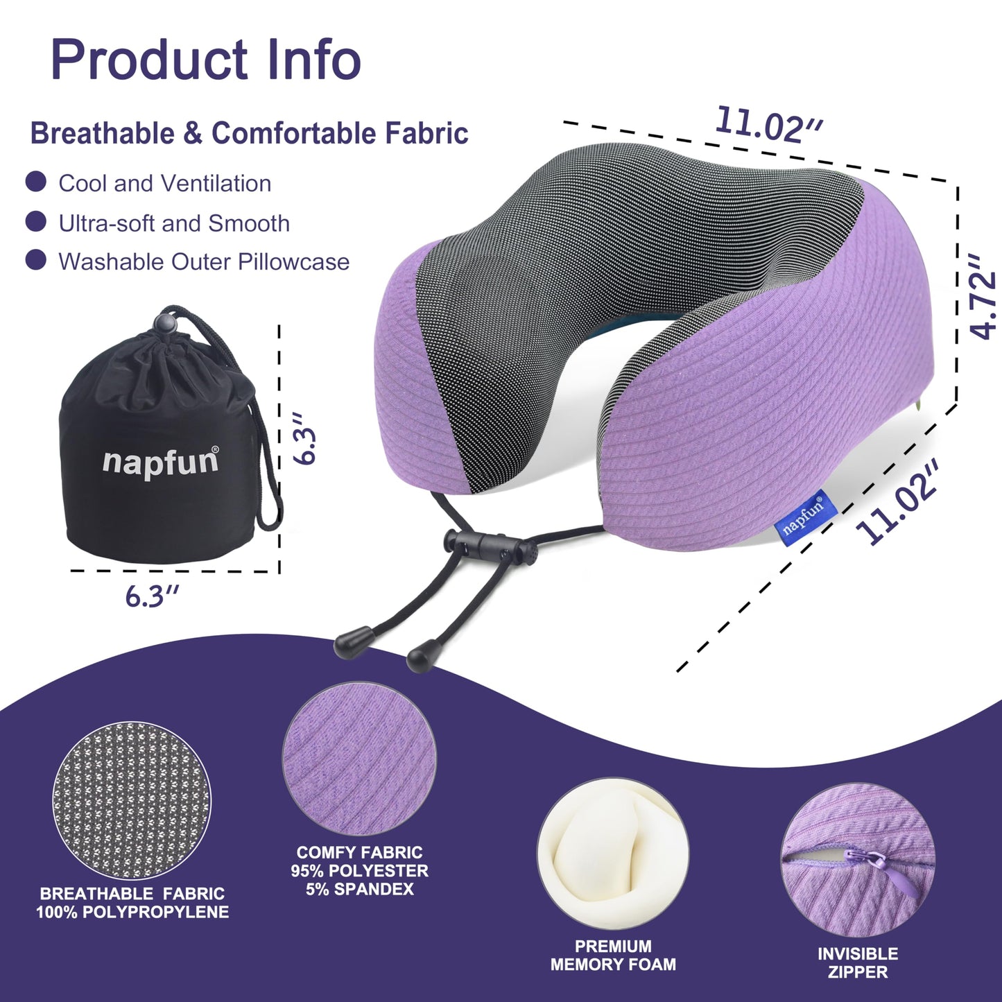 napfun Neck Pillow for Traveling, Upgraded Travel Neck Pillow for Airplane 100% Pure Memory Foam Travel Pillow for Flight Headrest Sleep, Portable Plane Accessories, Full Black