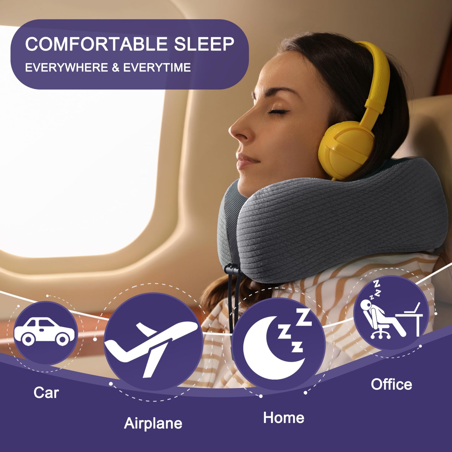 napfun Neck Pillow for Traveling, Upgraded Travel Neck Pillow for Airplane 100% Pure Memory Foam Travel Pillow for Flight Headrest Sleep, Portable Plane Accessories, Full Black