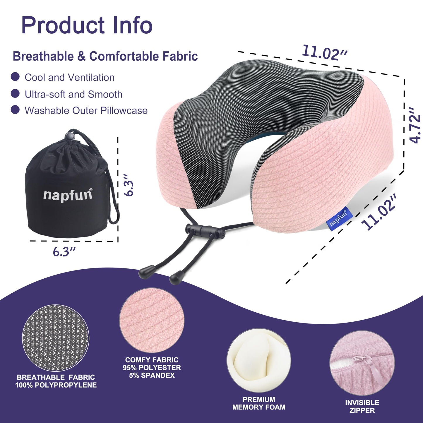 napfun Neck Pillow for Traveling, Upgraded Travel Neck Pillow for Airplane 100% Pure Memory Foam Travel Pillow for Flight Headrest Sleep, Portable Plane Accessories, Full Black