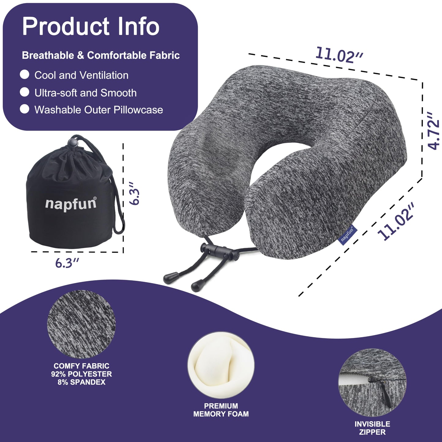 napfun Neck Pillow for Traveling, Upgraded Travel Neck Pillow for Airplane 100% Pure Memory Foam Travel Pillow for Flight Headrest Sleep, Portable Plane Accessories, Full Black
