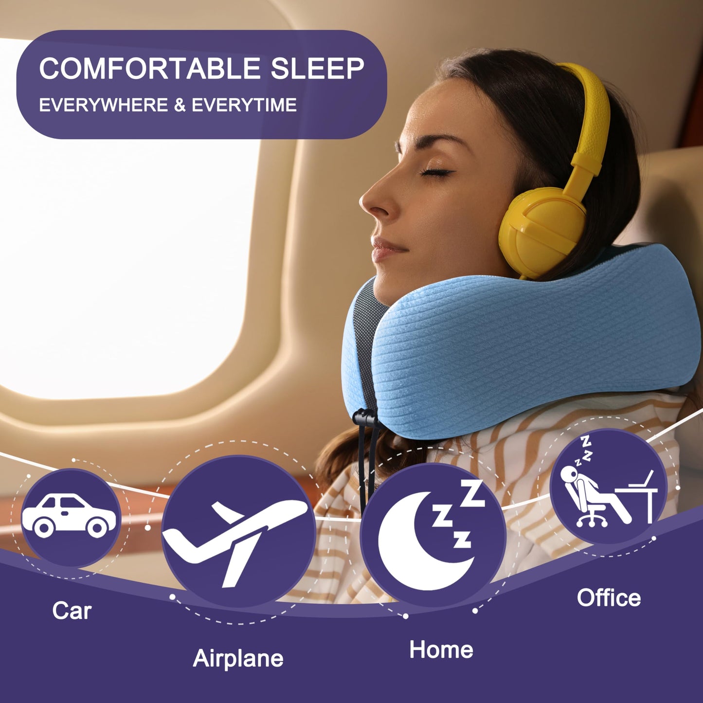 napfun Neck Pillow for Traveling, Upgraded Travel Neck Pillow for Airplane 100% Pure Memory Foam Travel Pillow for Flight Headrest Sleep, Portable Plane Accessories, Full Black
