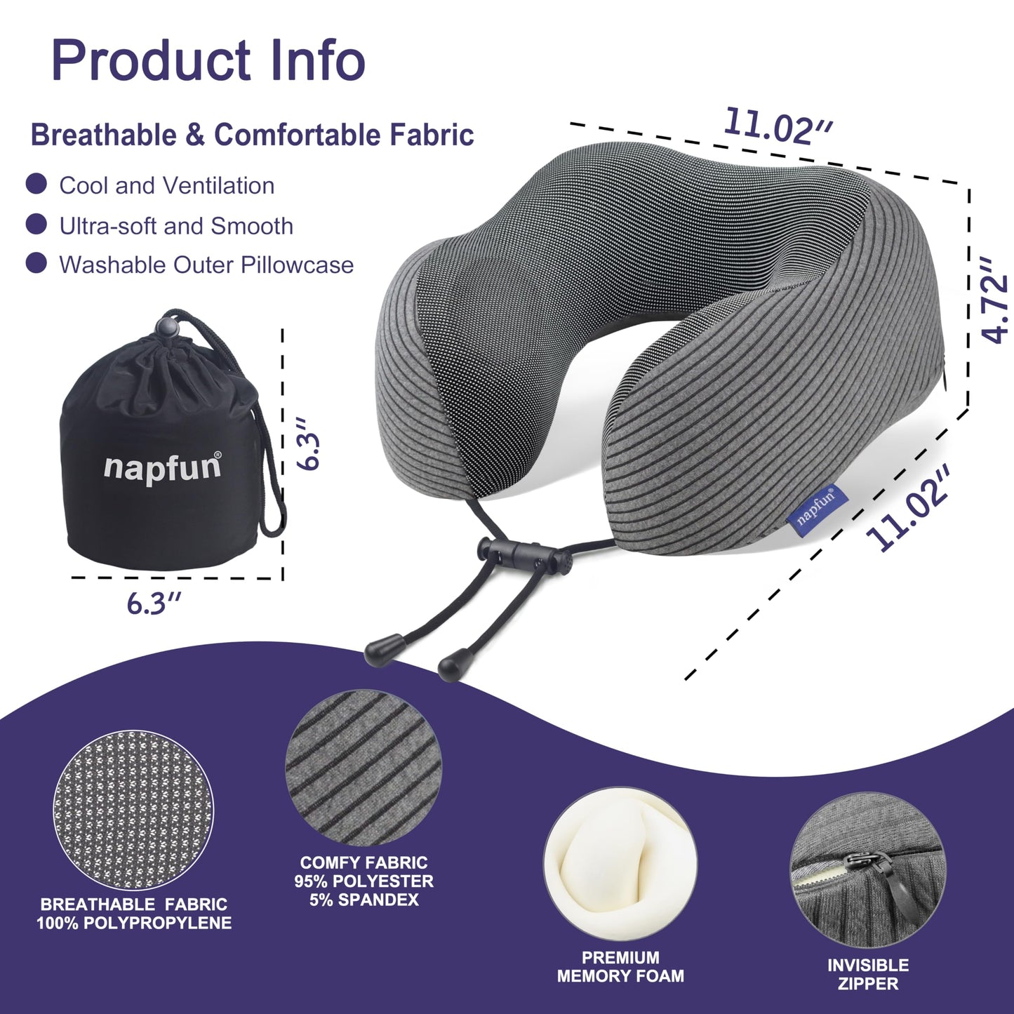napfun Neck Pillow for Traveling, Upgraded Travel Neck Pillow for Airplane 100% Pure Memory Foam Travel Pillow for Flight Headrest Sleep, Portable Plane Accessories, Full Black