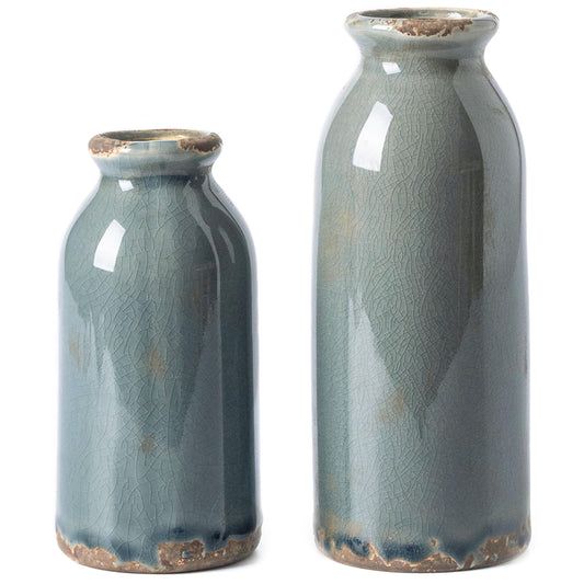 VICTOR & TERESA White Ceramic Vases Home Decor, Farmhouse Vase for Flowers, Flower Vase Set of 2, Rustic Decorative Vases for Pampas Grass, Table, Living Room, Shelf, Centerpieces, 8 inch