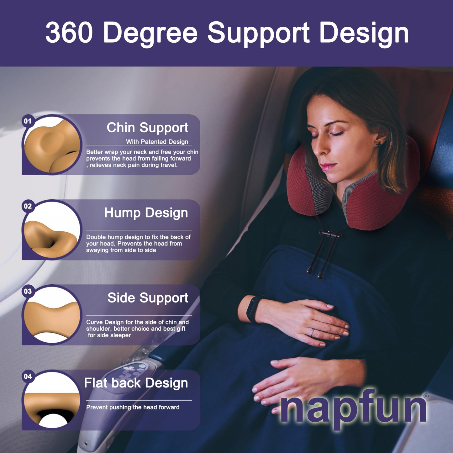 napfun Neck Pillow for Traveling, Upgraded Travel Neck Pillow for Airplane 100% Pure Memory Foam Travel Pillow for Flight Headrest Sleep, Portable Plane Accessories, Full Black