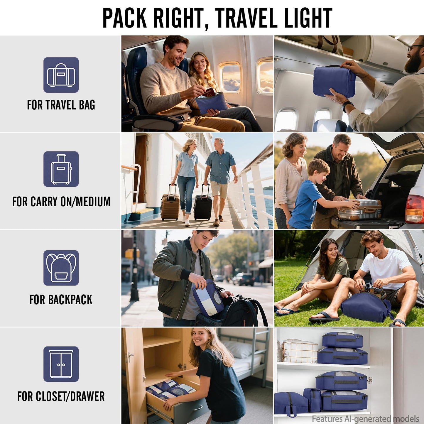 Veken 10 Set/8 Set Packing Cubes for Travel Essentials,Anti-Wrinkle Buckled Suitcase Organizer for Shoe & Toiletry Bag,Carry On Luggage Bag for Airplane & College Dorm Room Accessories,Women Men Gifts