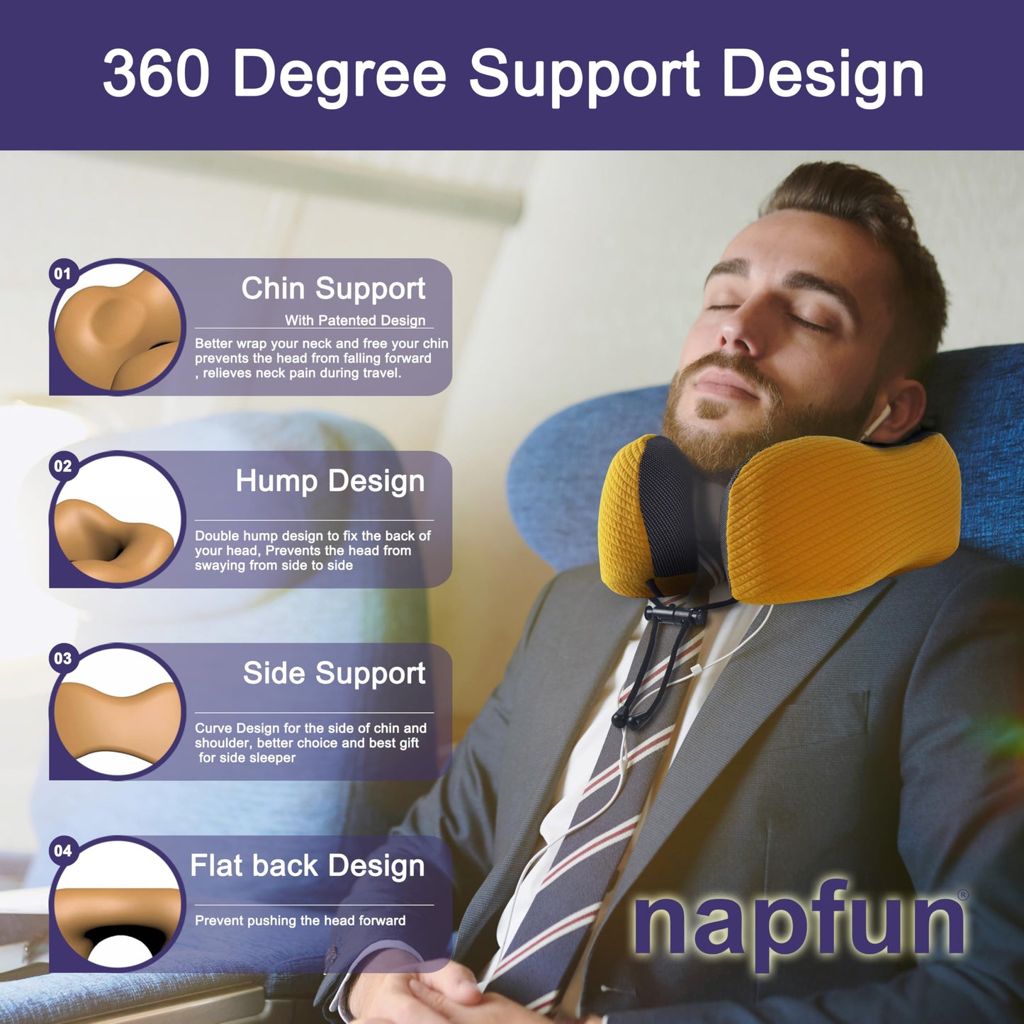 napfun Neck Pillow for Traveling, Upgraded Travel Neck Pillow for Airplane 100% Pure Memory Foam Travel Pillow for Flight Headrest Sleep, Portable Plane Accessories, Full Black