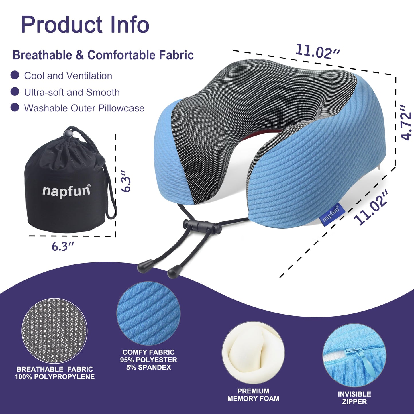 napfun Neck Pillow for Traveling, Upgraded Travel Neck Pillow for Airplane 100% Pure Memory Foam Travel Pillow for Flight Headrest Sleep, Portable Plane Accessories, Full Black