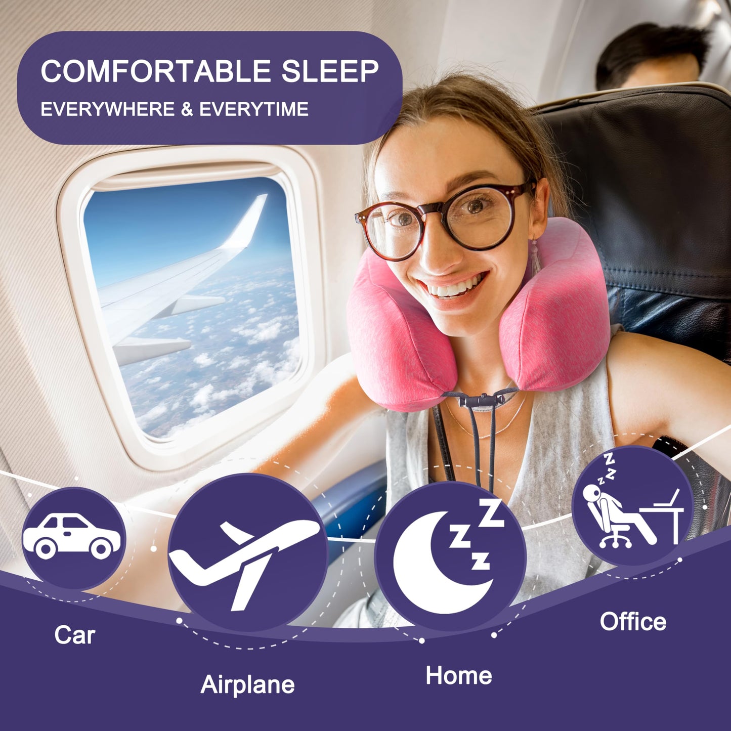 napfun Neck Pillow for Traveling, Upgraded Travel Neck Pillow for Airplane 100% Pure Memory Foam Travel Pillow for Flight Headrest Sleep, Portable Plane Accessories, Full Black