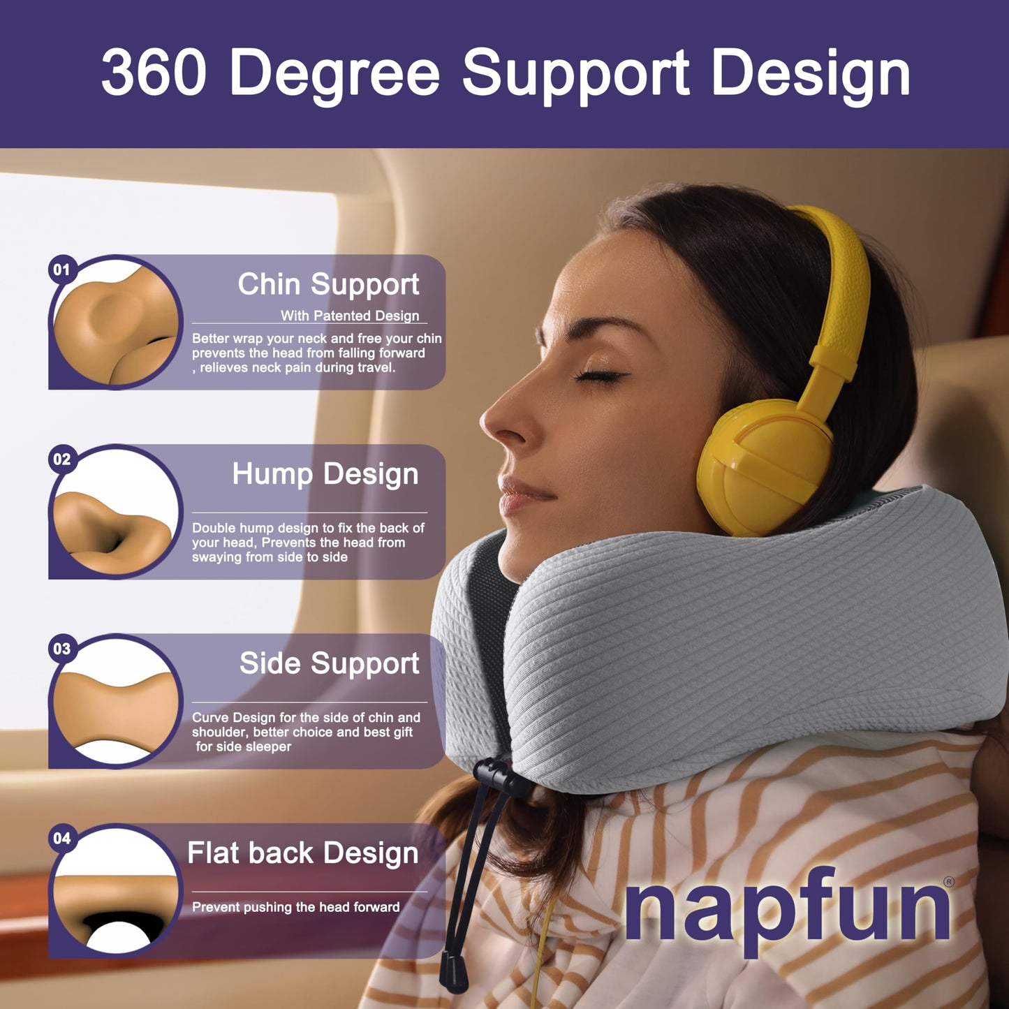 napfun Neck Pillow for Traveling, Upgraded Travel Neck Pillow for Airplane 100% Pure Memory Foam Travel Pillow for Flight Headrest Sleep, Portable Plane Accessories, Full Black