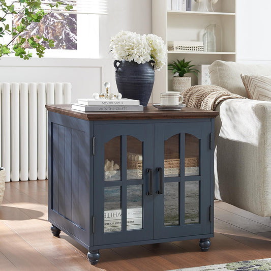 Farmhouse 24" End Table Set of 2 with Charging Station, Large Sofa Side Table with Glass Barn Door,Wood Night Stand with Adjustable Storage Shelf,Square Bedside Table for Living Room,Bedroom