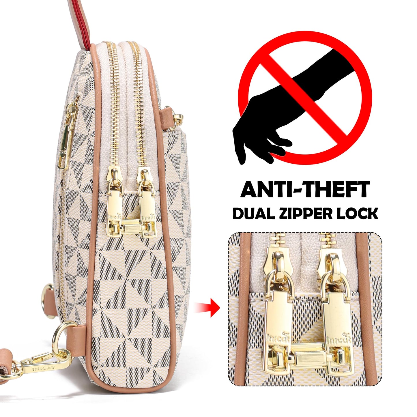 INICAT Travel Sling Bag, Anti Theft Crossbody Bag for Women | RFID Blocking, 8 Card Slots, Back Zippered Pocket, Metal Zippers,Switchable Strap