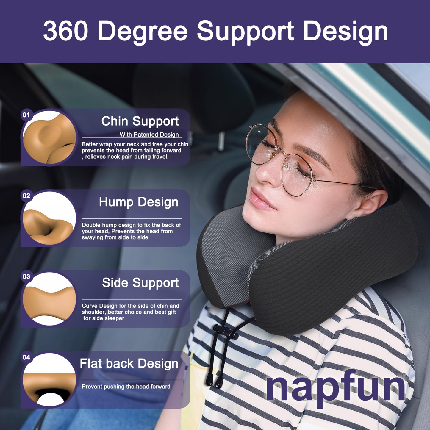 napfun Neck Pillow for Traveling, Upgraded Travel Neck Pillow for Airplane 100% Pure Memory Foam Travel Pillow for Flight Headrest Sleep, Portable Plane Accessories, Full Black