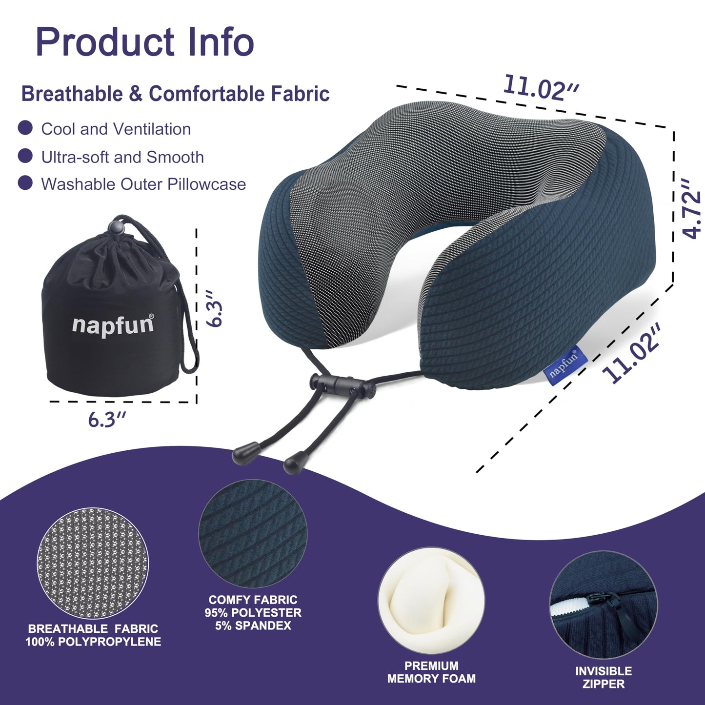 napfun Neck Pillow for Traveling, Upgraded Travel Neck Pillow for Airplane 100% Pure Memory Foam Travel Pillow for Flight Headrest Sleep, Portable Plane Accessories, Full Black