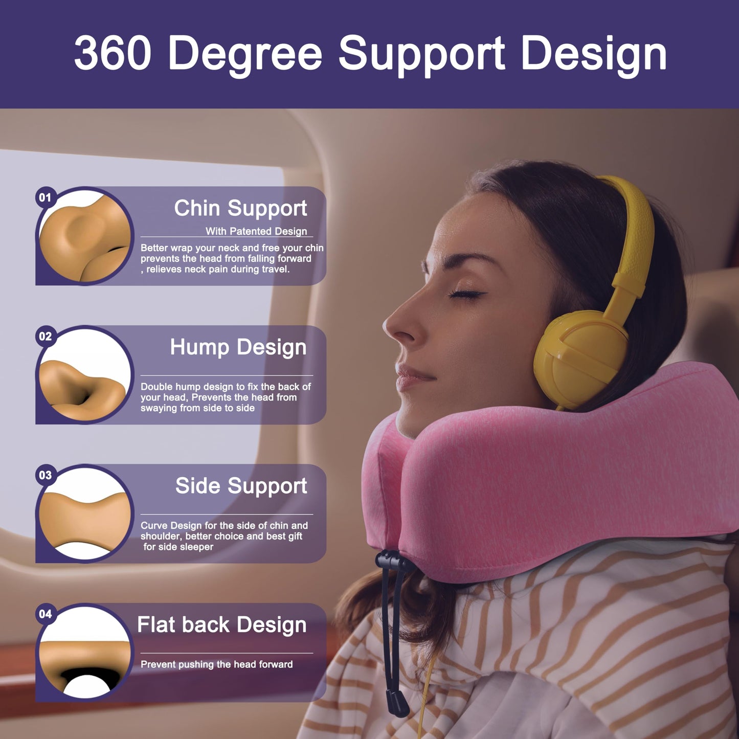 napfun Neck Pillow for Traveling, Upgraded Travel Neck Pillow for Airplane 100% Pure Memory Foam Travel Pillow for Flight Headrest Sleep, Portable Plane Accessories, Full Black