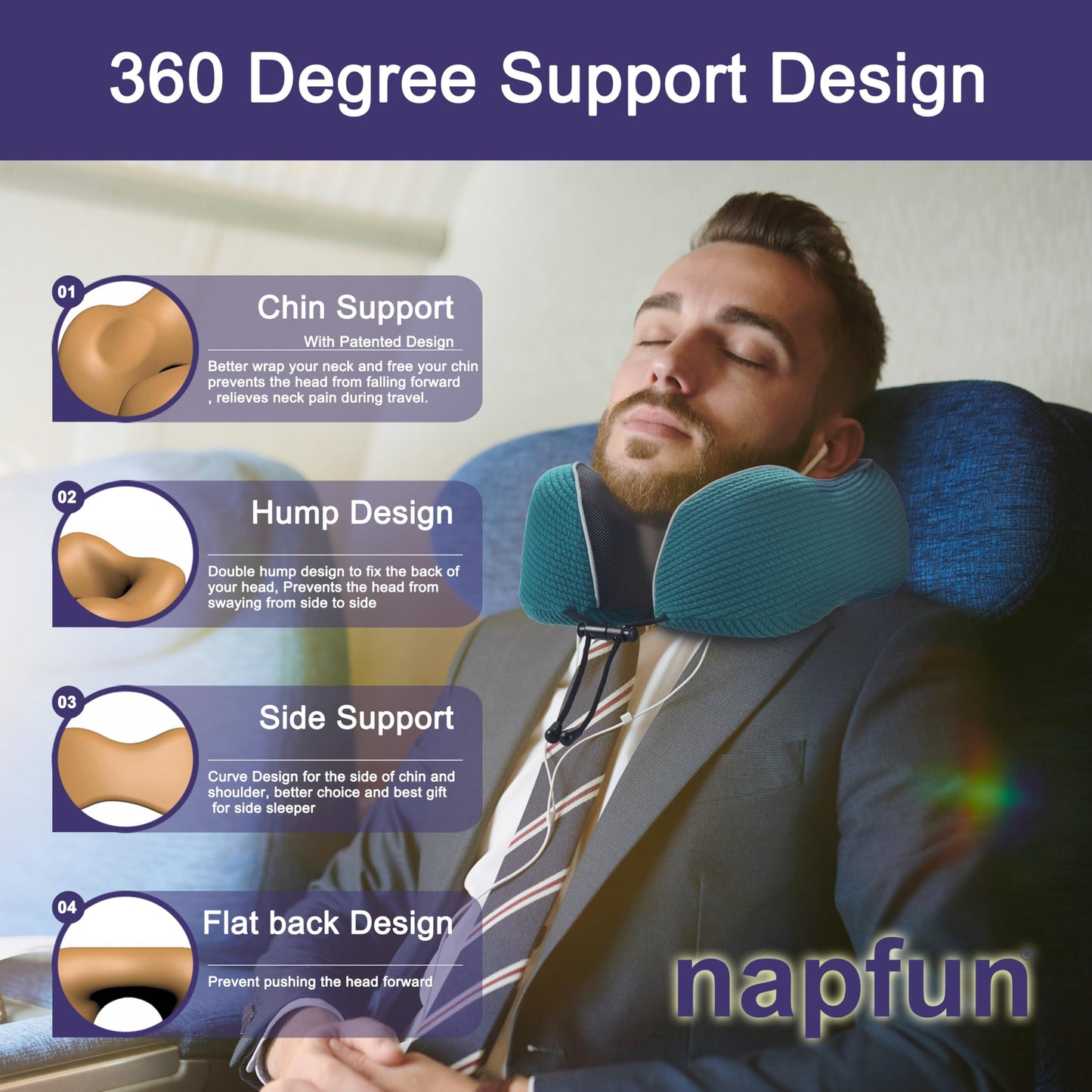 napfun Neck Pillow for Traveling, Upgraded Travel Neck Pillow for Airplane 100% Pure Memory Foam Travel Pillow for Flight Headrest Sleep, Portable Plane Accessories, Full Black