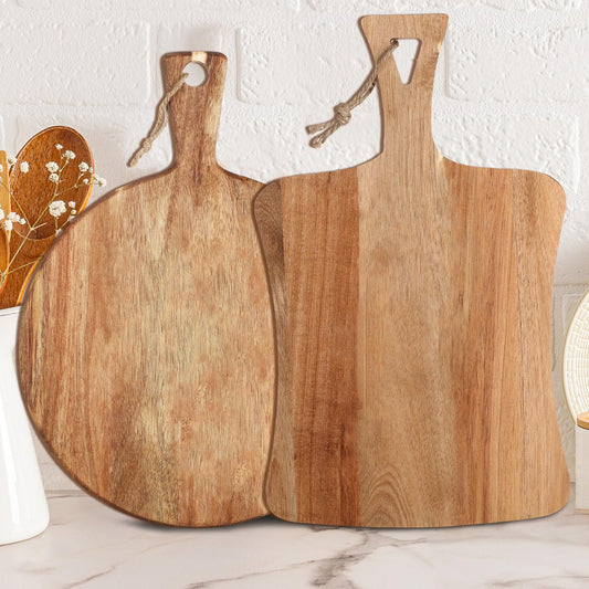 Hsei 2 Pcs Acacia Wood Cutting Board with Handle Wooden Charcuterie Board Large Paddle Carving Chopping Set Butter Serving Tray for Cheese Meat Fruit Pizza Bread Baking(Classic Handle)