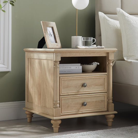 T4TREAM 24'' Farmhouse End Table w/4 Solid Wood Feet, Large 2 Drawers Wide Sofa Side Table with Charging Station, Tall Rustic Wood Square Nightstand for Living Room, Bedroom, Office, Antique White