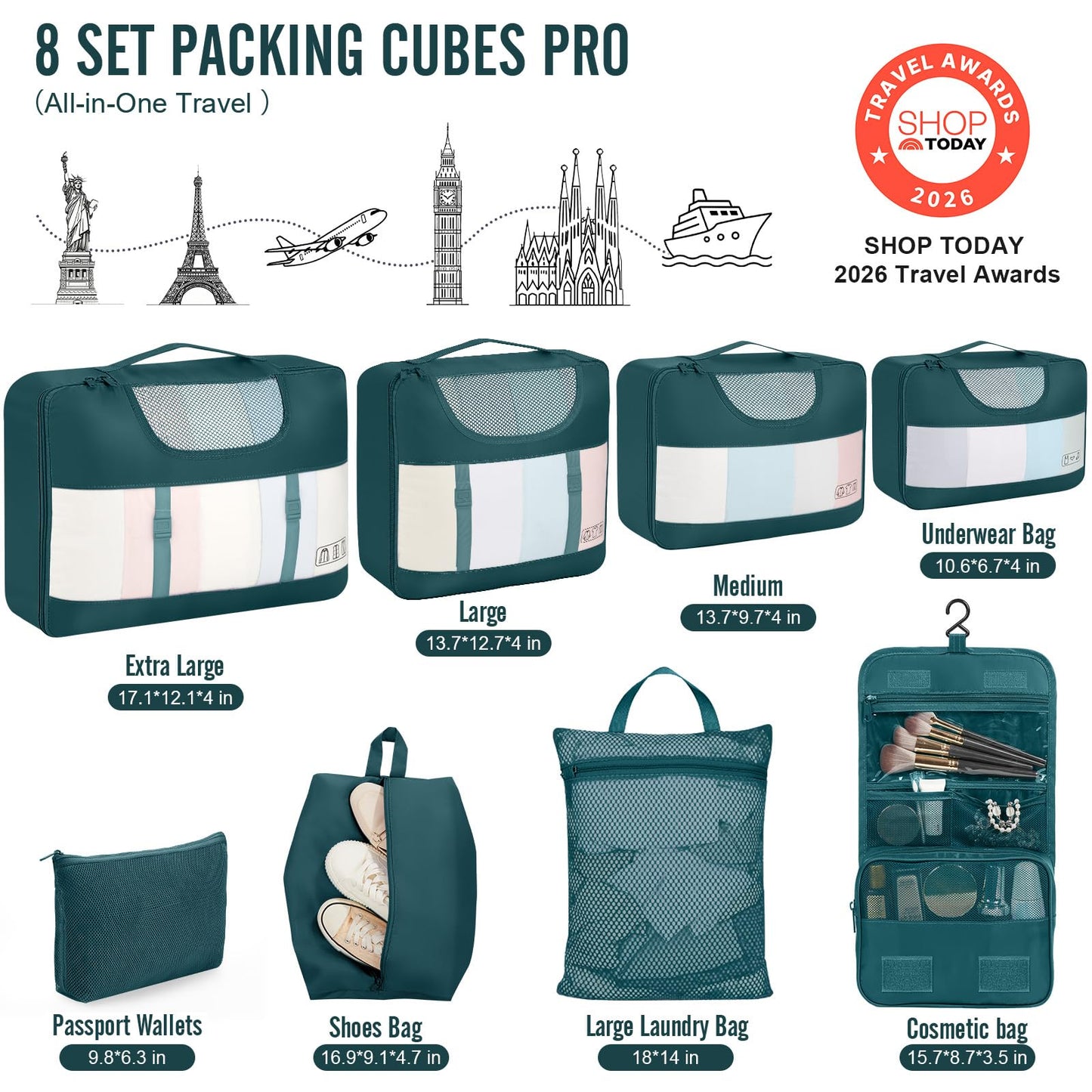 Veken 10 Set/8 Set Packing Cubes for Travel Essentials,Anti-Wrinkle Buckled Suitcase Organizer for Shoe & Toiletry Bag,Carry On Luggage Bag for Airplane & College Dorm Room Accessories,Women Men Gifts