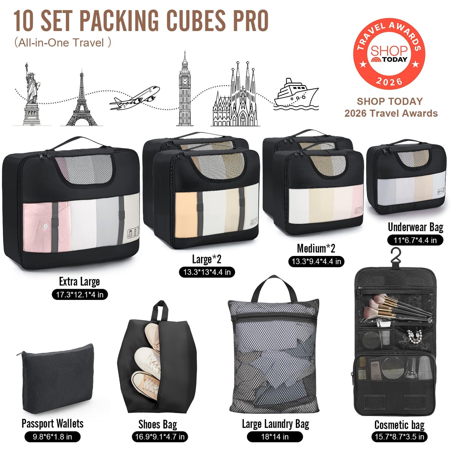 Veken 10 Set/8 Set Packing Cubes for Travel Essentials,Anti-Wrinkle Buckled Suitcase Organizer for Shoe & Toiletry Bag,Carry On Luggage Bag for Airplane & College Dorm Room Accessories,Women Men Gifts