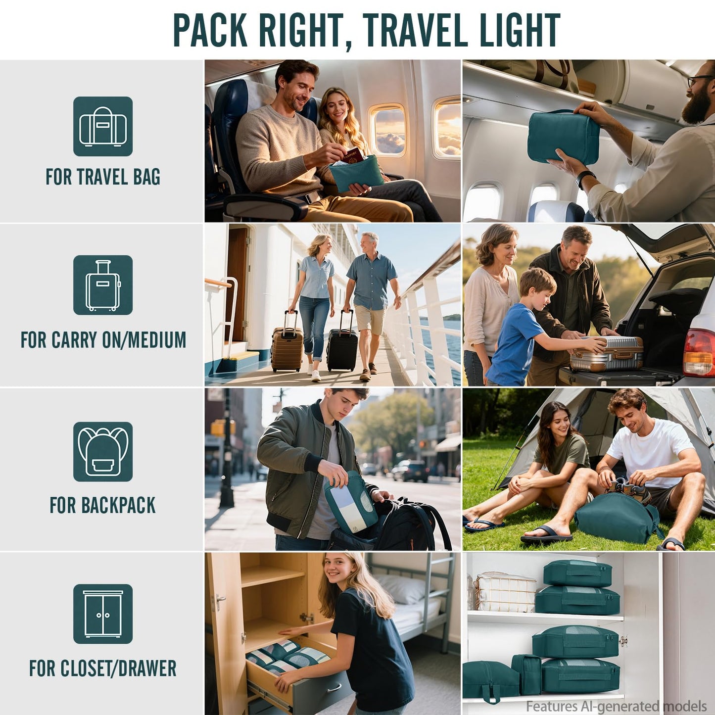 Veken 10 Set/8 Set Packing Cubes for Travel Essentials,Anti-Wrinkle Buckled Suitcase Organizer for Shoe & Toiletry Bag,Carry On Luggage Bag for Airplane & College Dorm Room Accessories,Women Men Gifts