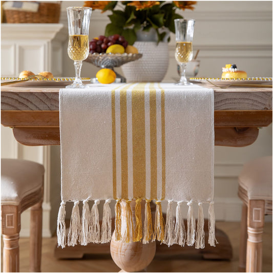 Caflife Boho Table Runner for Modern Farmhouse Decor, Dining Table décor 13 x 72 Inch Long, Coffee Table Runner with Handcrafted Tassels, Green and Beige Stripe Table Runner for Home Boho décor