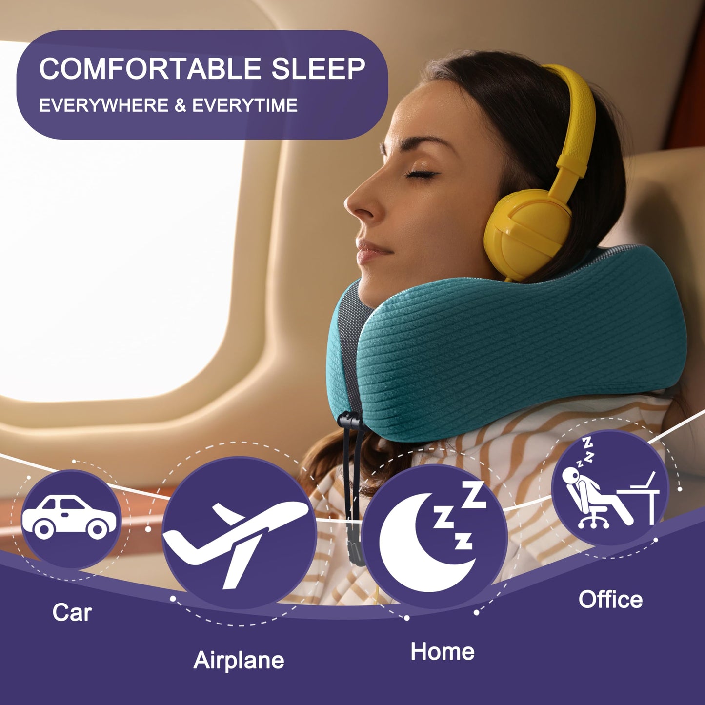 napfun Neck Pillow for Traveling, Upgraded Travel Neck Pillow for Airplane 100% Pure Memory Foam Travel Pillow for Flight Headrest Sleep, Portable Plane Accessories, Full Black