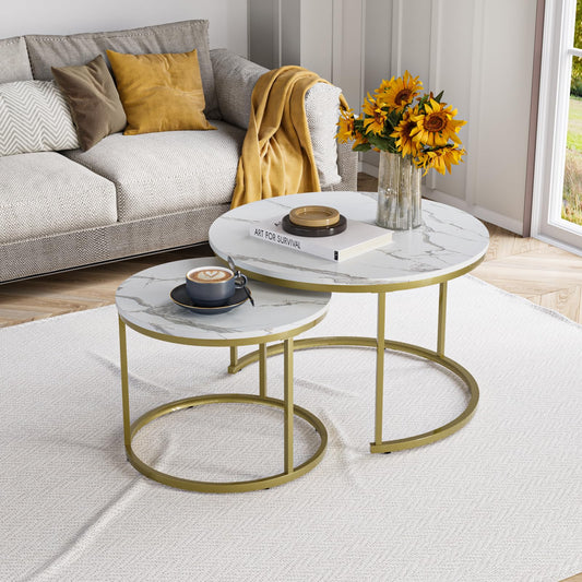 Smuxee Nesting Coffee Table Set of 2, 23.6" Round Coffee Table Wood Grain Top with Adjustable Non-Slip Feet, Industrial End Table Side Tables for Living Room Bedroom Balcony Yard
