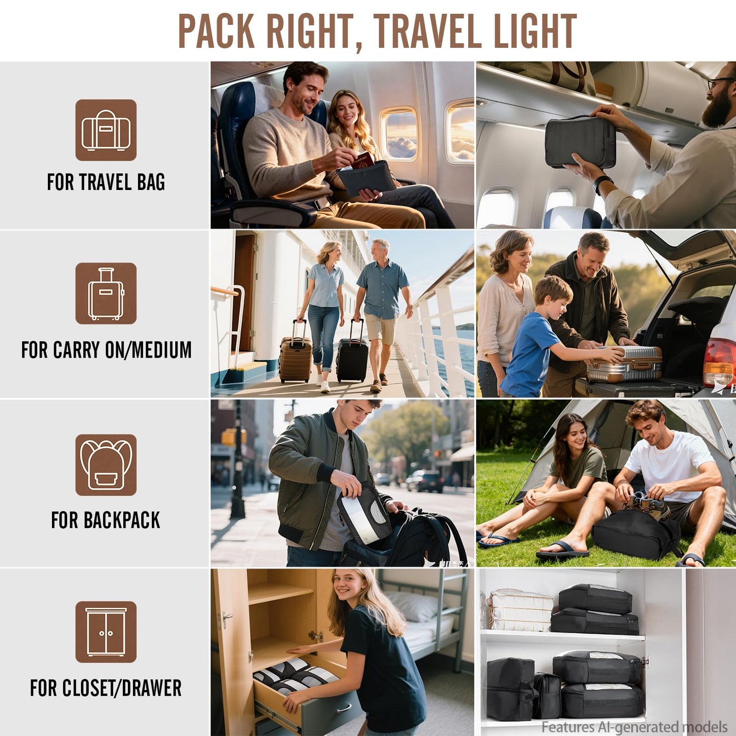 Veken 10 Set/8 Set Packing Cubes for Travel Essentials,Anti-Wrinkle Buckled Suitcase Organizer for Shoe & Toiletry Bag,Carry On Luggage Bag for Airplane & College Dorm Room Accessories,Women Men Gifts