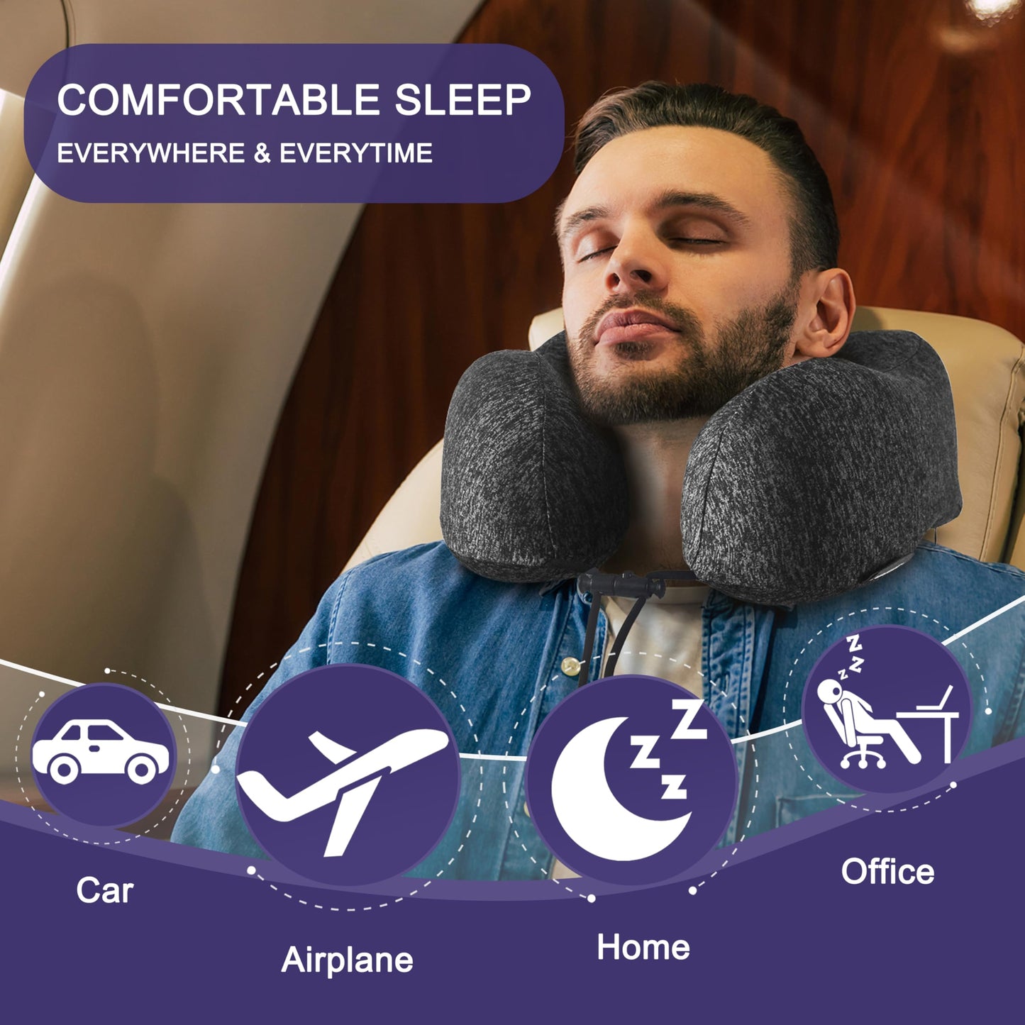 napfun Neck Pillow for Traveling, Upgraded Travel Neck Pillow for Airplane 100% Pure Memory Foam Travel Pillow for Flight Headrest Sleep, Portable Plane Accessories, Full Black