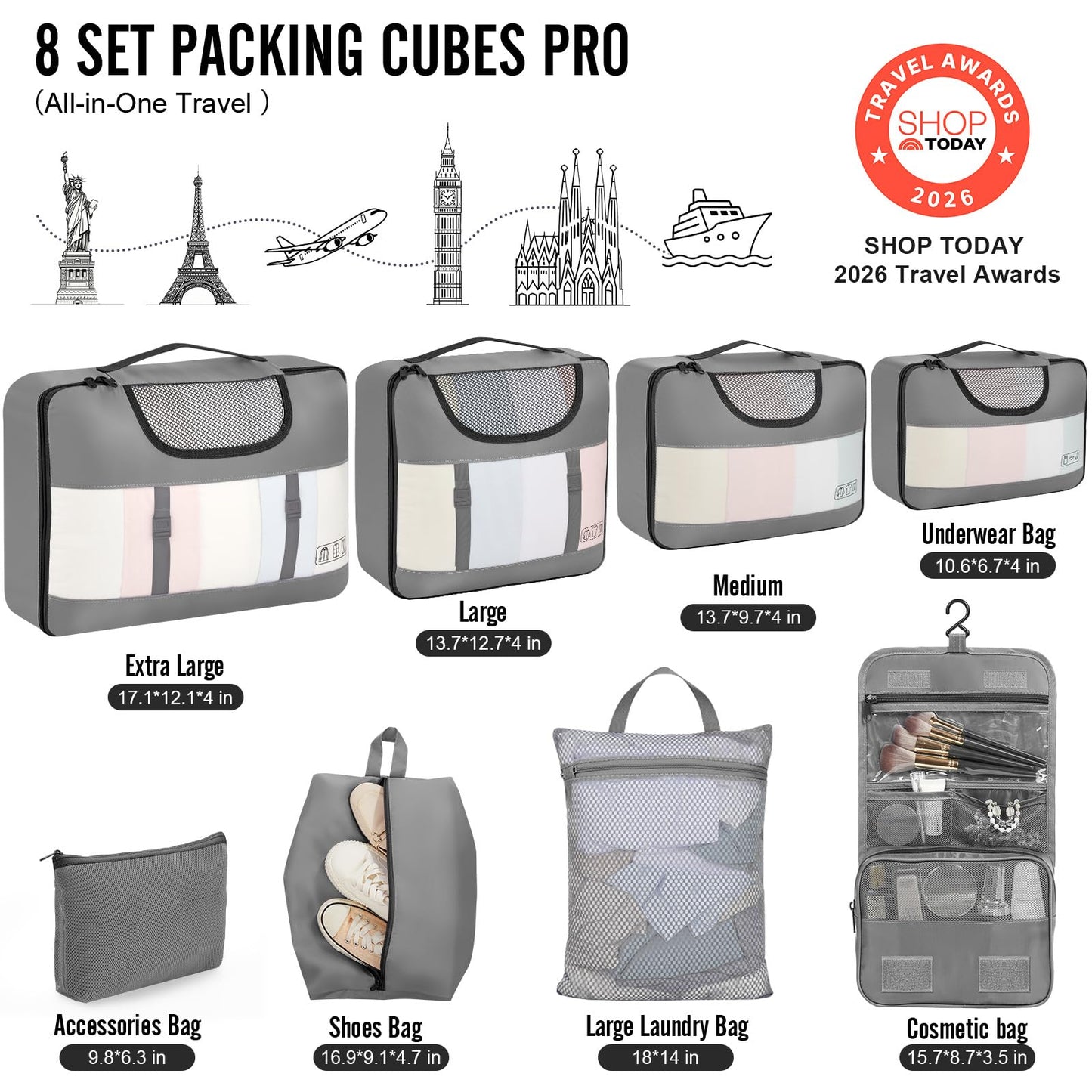 Veken 10 Set/8 Set Packing Cubes for Travel Essentials,Anti-Wrinkle Buckled Suitcase Organizer for Shoe & Toiletry Bag,Carry On Luggage Bag for Airplane & College Dorm Room Accessories,Women Men Gifts