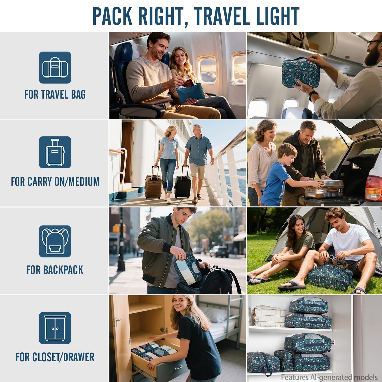 Veken 10 Set/8 Set Packing Cubes for Travel Essentials,Anti-Wrinkle Buckled Suitcase Organizer for Shoe & Toiletry Bag,Carry On Luggage Bag for Airplane & College Dorm Room Accessories,Women Men Gifts