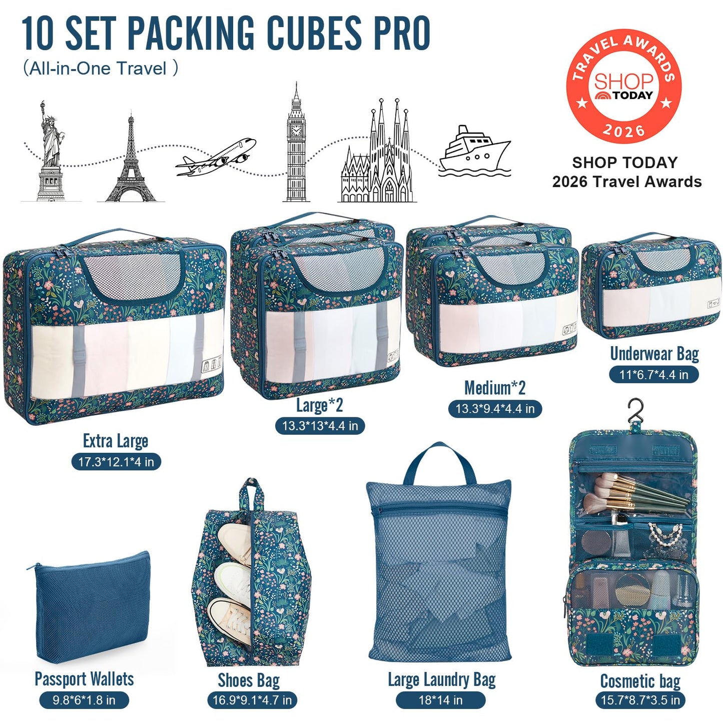 Veken 10 Set/8 Set Packing Cubes for Travel Essentials,Anti-Wrinkle Buckled Suitcase Organizer for Shoe & Toiletry Bag,Carry On Luggage Bag for Airplane & College Dorm Room Accessories,Women Men Gifts