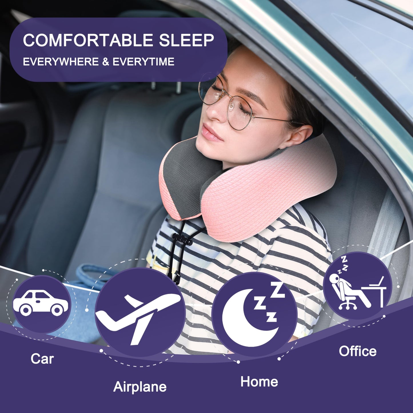 napfun Neck Pillow for Traveling, Upgraded Travel Neck Pillow for Airplane 100% Pure Memory Foam Travel Pillow for Flight Headrest Sleep, Portable Plane Accessories, Full Black