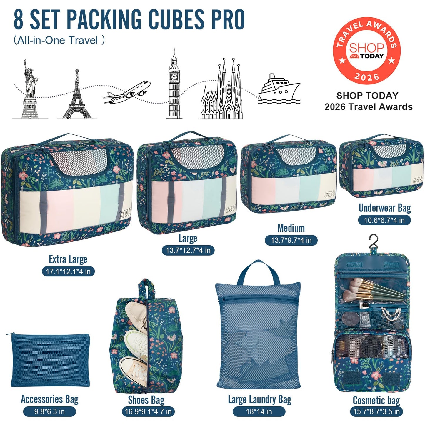 Veken 10 Set/8 Set Packing Cubes for Travel Essentials,Anti-Wrinkle Buckled Suitcase Organizer for Shoe & Toiletry Bag,Carry On Luggage Bag for Airplane & College Dorm Room Accessories,Women Men Gifts