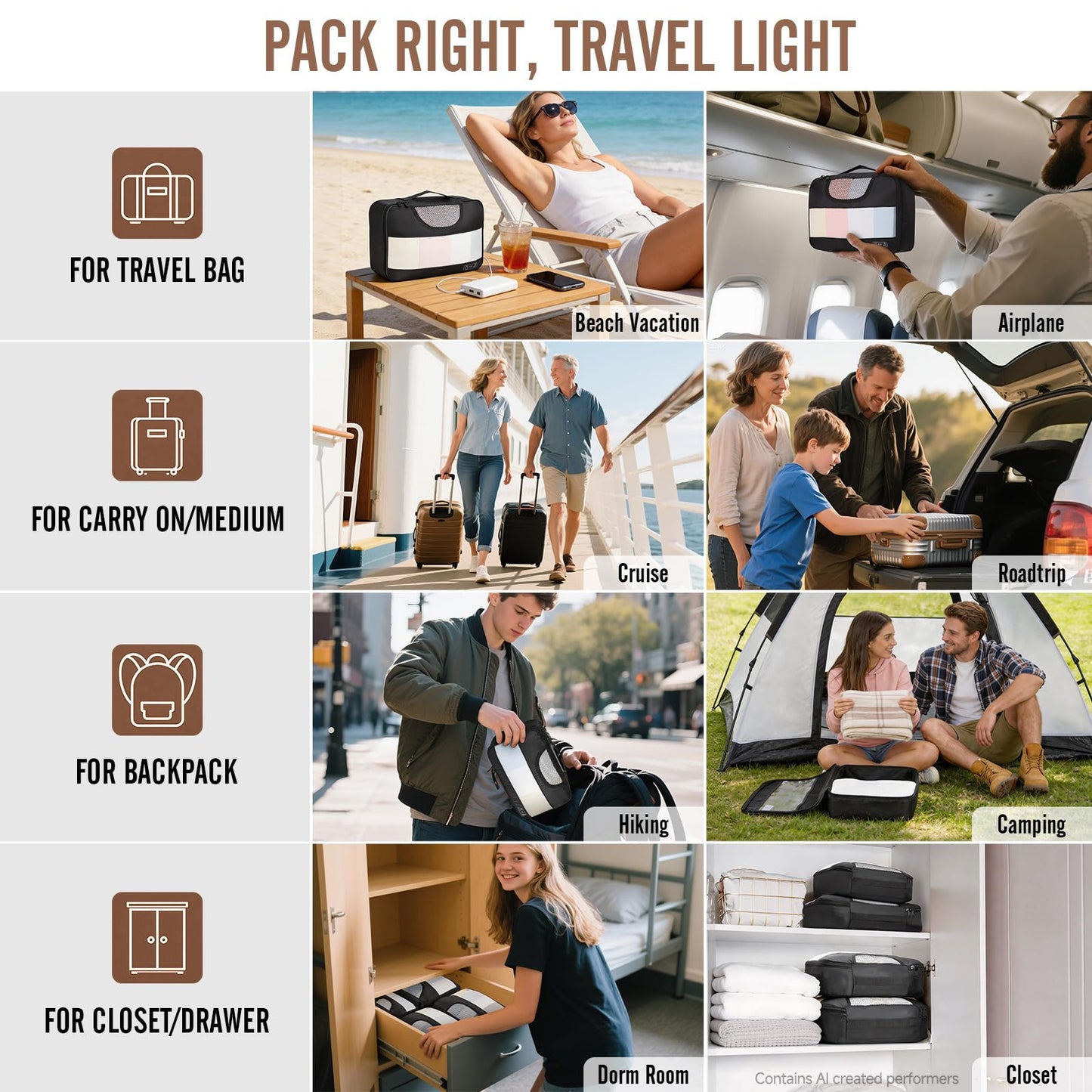 Veken 10 Set/8 Set Packing Cubes for Travel Essentials,Anti-Wrinkle Buckled Suitcase Organizer for Shoe & Toiletry Bag,Carry On Luggage Bag for Airplane & College Dorm Room Accessories,Women Men Gifts
